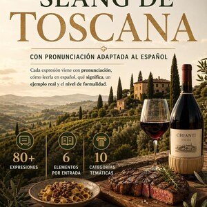 May include: Book cover for "Slang de Toscana" with a Tuscan landscape background. Includes a bottle of Chianti wine, a glass of red wine, pasta, and steak. Text includes "80+ expressions" and "10 thematic categories".