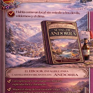 May include: An advertisement for an ebook titled "Slang de Andorra" with a mountain landscape background. The cover of the book is visible, along with a bottle of wine and shopping bags. Text includes "Domina el Slang de Andorra" and "Obten&eacute; el ebook ahora."