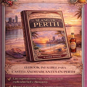 May include: An illustrated book titled "Slang de Perth" with a beach scene, beer, and a can of beer. The book cover features the text "Slang de Perth" and "Slang Sin Fronteras - Colectice Australia".