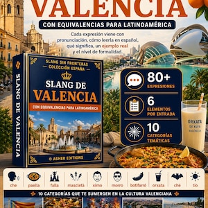 May include: A book cover titled "Slang de Valencia" with the text "Con Equivalencias Para Latinoamerica." The cover features a city scene and the book's title. The image also includes icons and text about Valencian culture.