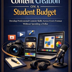 Puede incluir: Portada del libro "Content Creation on a Student Budget". La imagen muestra una cámara, un smartphone, un portátil, un micrófono, auriculares y un bloc de notas. El texto dice: "Develop Professional Content Skills Across Every Format Without Spending a Dollar."