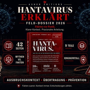 May include: A book cover with the title "Hantavirus Erkl&auml;rt" in red and white text. The cover features a red book with the title "Hanta-Virus" and supporting text. Additional elements include a mouse, infographics, and a warning sign.