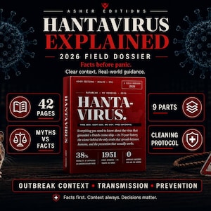 Puede incluir: Portada del libro "Hantavirus Explicado" con el texto "2026 Field Dossier". La portada es roja y blanca, con una ilustraci&oacute;n estilizada del virus. El texto adicional incluye "Hechos antes del p&aacute;nico" y "Contexto claro. Gu&iacute;a del mundo real."