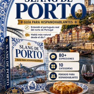 May include: A book titled "SLANG DE PORTO" with a blue and gold cover, featuring a cityscape and the text "GU&Iacute;A PARA HISPANOHABLANTES." Additional text includes "80+ EXPRESSIONS" and "10 CATEGORIES." A glass of Porto wine and a plate of food are also visible.