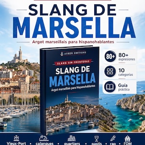 May include: A book titled "Slang de Marsella" with a harbor scene on the cover. The book is part of the "Slang Sin Fronteras" series and includes over 80 expressions and 10 categories. The text "Habl&aacute; como un local desde el d&iacute;a 1" is also visible.