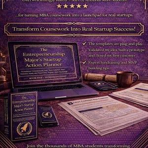 May include: A purple and gold promotional image showcasing a laptop with "The Entrepreneurship Major's Startup Action Planner." Books, a phone, and documents are on a desk. Text includes "Transform Coursework Into Real Startup Success!" and five-star reviews.