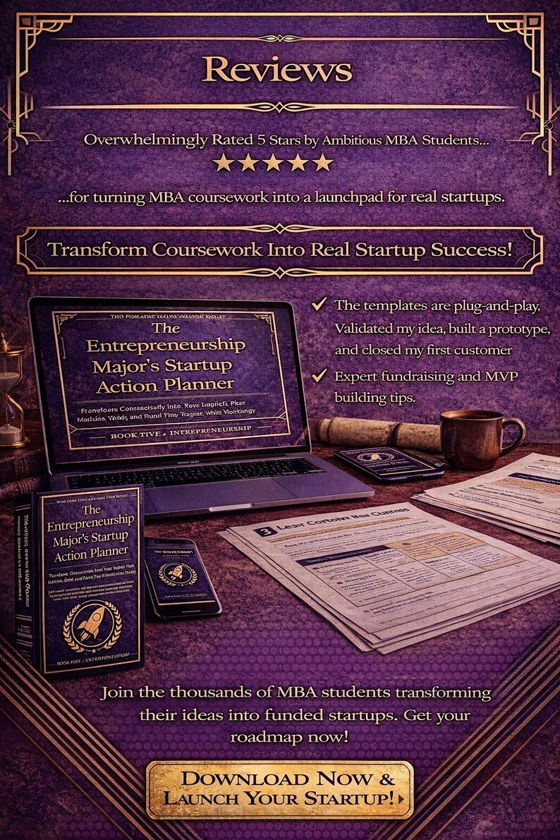 May include: A purple and gold promotional image showcasing a laptop with "The Entrepreneurship Major's Startup Action Planner." Books, a phone, and documents are on a desk. Text includes "Transform Coursework Into Real Startup Success!" and five-star reviews.