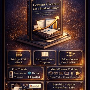 May include: An image with the text "WHAT YOU'LL RECEIVE" at the top. It features a book titled "Content Creation On a Student Budget" with a graph. Below are icons for a PDF ebook, chapters, a toolkit, and multi-format training.