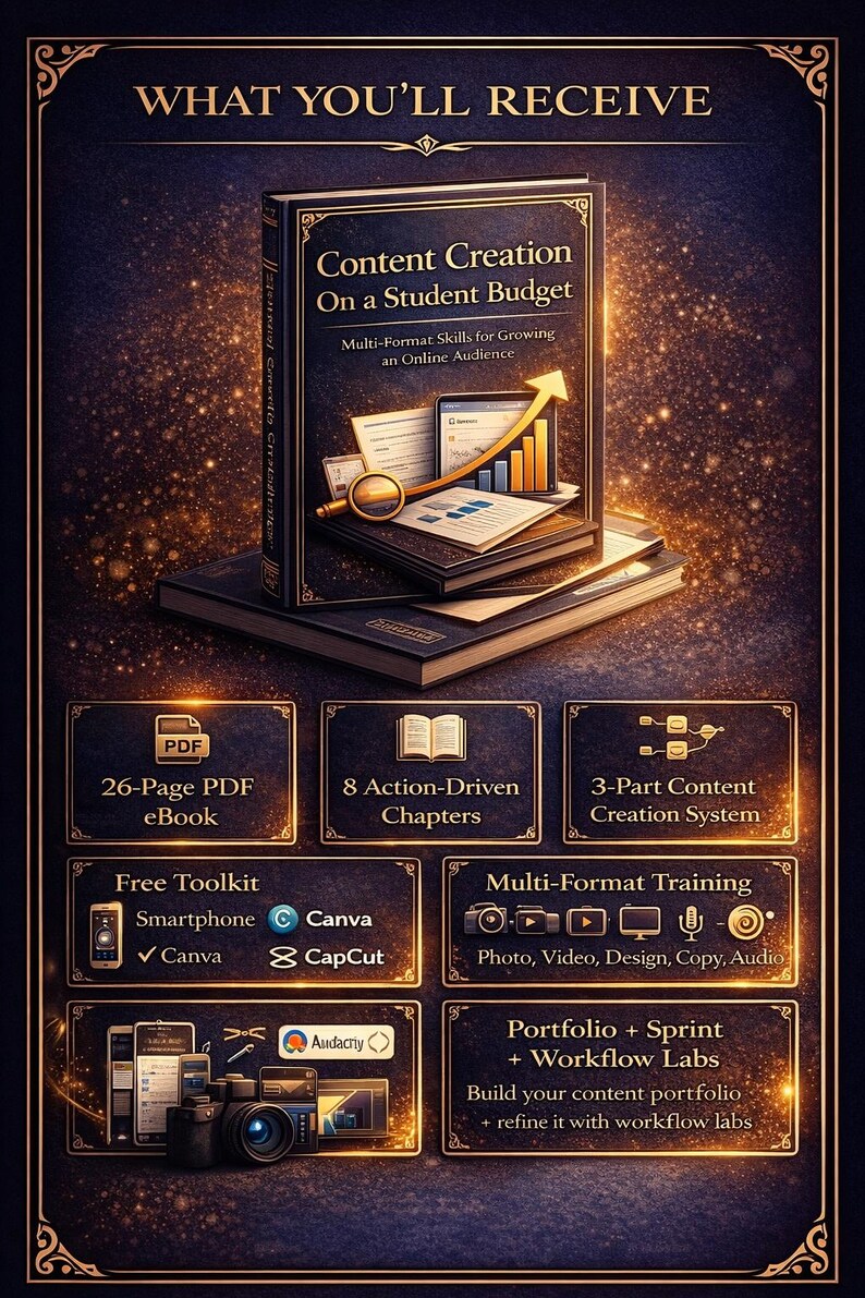 May include: An image with the text "WHAT YOU'LL RECEIVE" at the top. It features a book titled "Content Creation On a Student Budget" with a graph. Below are icons for a PDF ebook, chapters, a toolkit, and multi-format training.