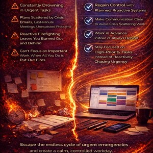 May include: An ebook advert with a fiery design. The text highlights problems like urgent tasks and reactive firefighting, and solutions such as planned systems and focused tasks. A laptop, coffee cup, and phone are on a desk.