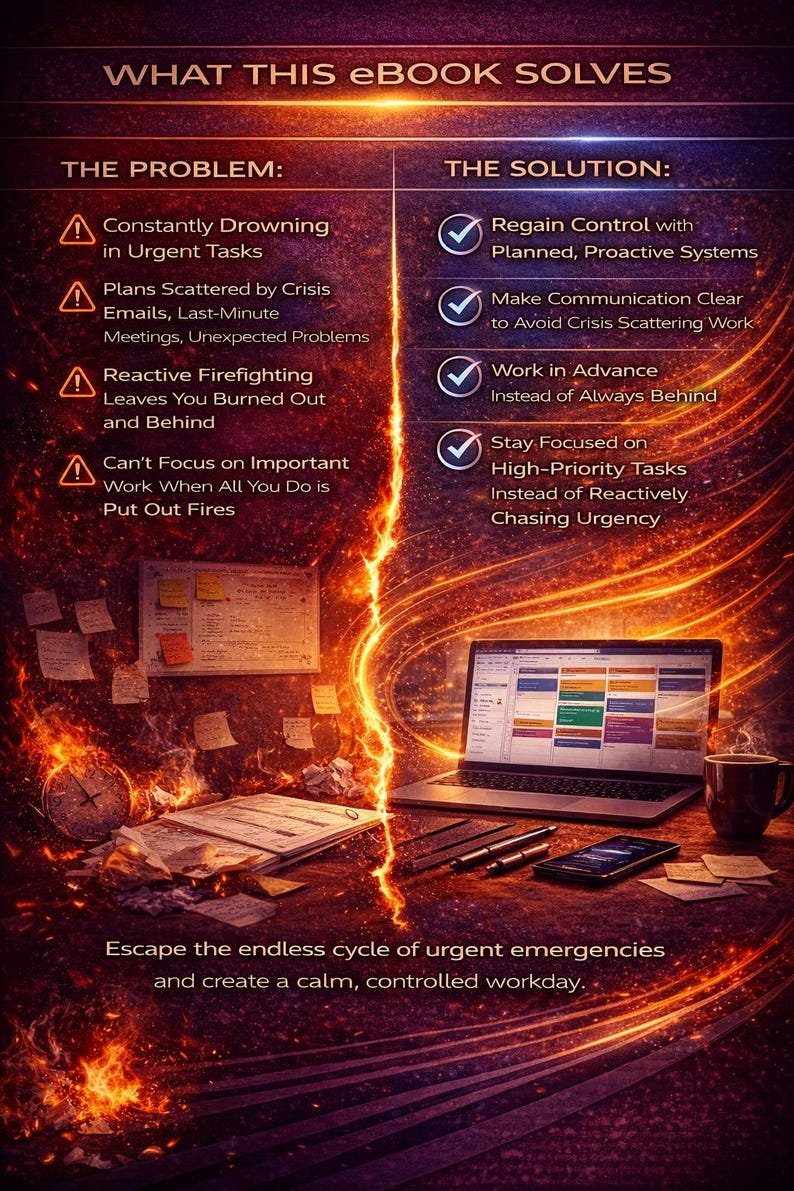May include: An ebook advert with a fiery design. The text highlights problems like urgent tasks and reactive firefighting, and solutions such as planned systems and focused tasks. A laptop, coffee cup, and phone are on a desk.
