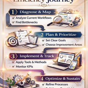 May include: Infographic titled "Your 4-Step Efficiency Journey" for operations management students. It outlines a four-step process: Diagnose & Map, Plan & Prioritize, Implement & Track, and Optimize & Sustain. Each step includes key actions and is illustrated with related icons.