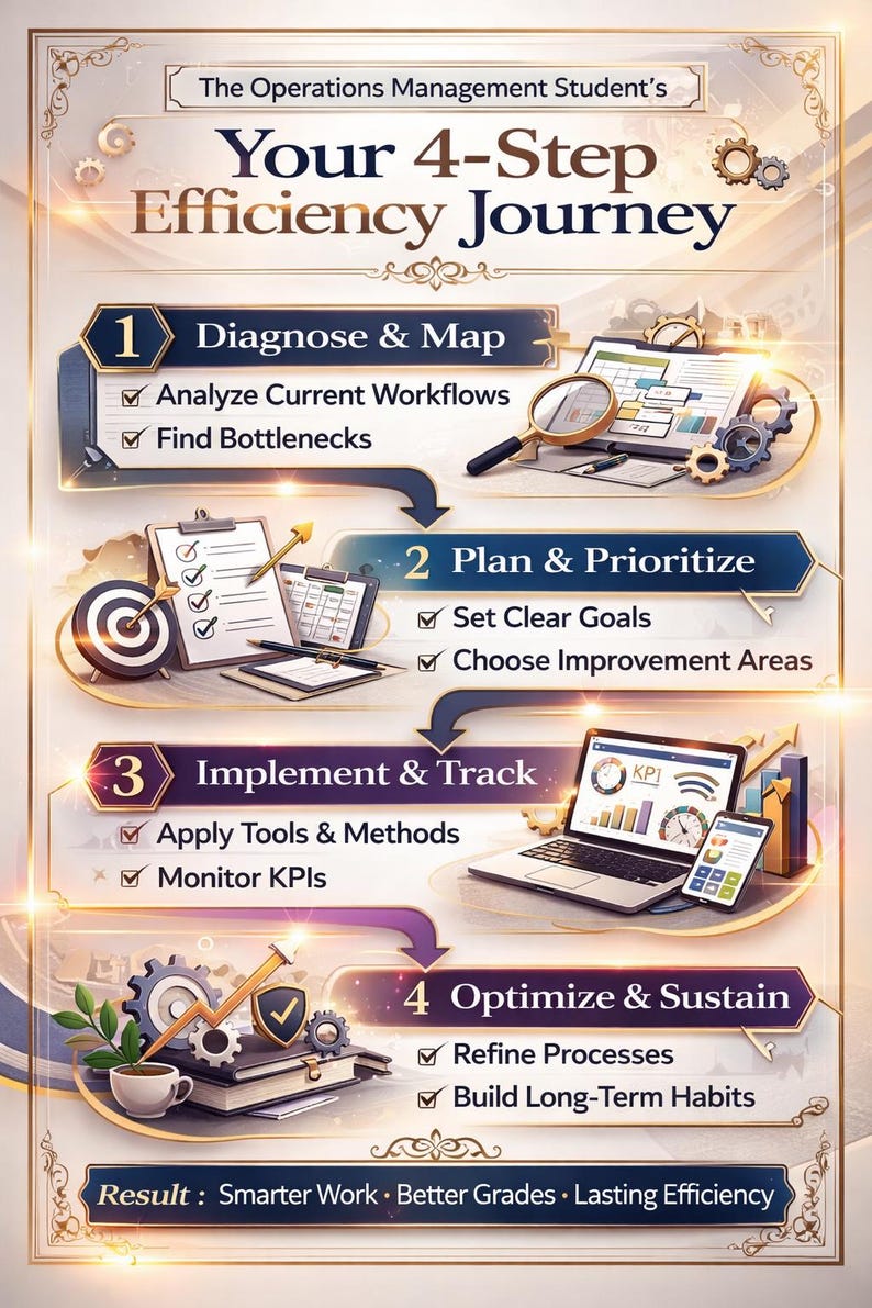 May include: Infographic titled "Your 4-Step Efficiency Journey" for operations management students. It outlines a four-step process: Diagnose & Map, Plan & Prioritize, Implement & Track, and Optimize & Sustain. Each step includes key actions and is illustrated with related icons.
