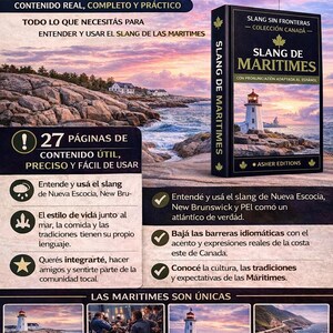 May include: An advertisement for a Spanish-language book, "Slang de Maritimes", from the "Slang Sin Fronteras - Colecci&oacute;n Canad&aacute;" series. The cover shows a lighthouse. The image promotes the book's content and the benefits of learning.
