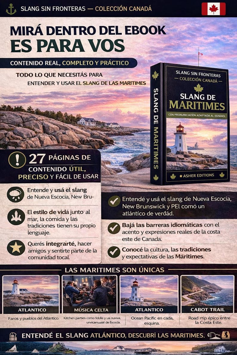 May include: An advertisement for a Spanish-language book, "Slang de Maritimes", from the "Slang Sin Fronteras - Colecci&oacute;n Canad&aacute;" series. The cover shows a lighthouse. The image promotes the book's content and the benefits of learning.