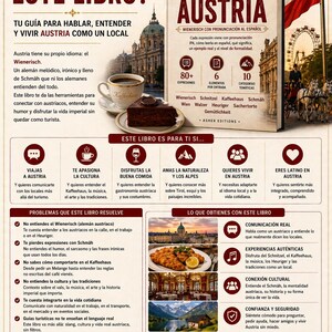 May include: A book cover titled "Slang de Austria" with the subtitle "Wienerisch con pronunciaci&oacute;n al espa&ntilde;ol." The cover features a cup of coffee, a slice of cake, and a cityscape, promising a guide to Austrian slang and culture.