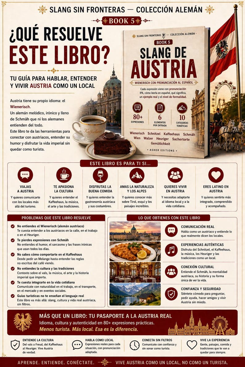 May include: A book cover titled "Slang de Austria" with the subtitle "Wienerisch con pronunciaci&oacute;n al espa&ntilde;ol." The cover features a cup of coffee, a slice of cake, and a cityscape, promising a guide to Austrian slang and culture.