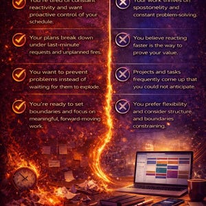 May include: An image with text detailing the benefits of a proactive schedule versus a reactive one, set against a fiery backdrop. Includes a laptop, clock, and phone, with the headings "WHAT THIS IS FOR" and "NOT FOR YOU IF".