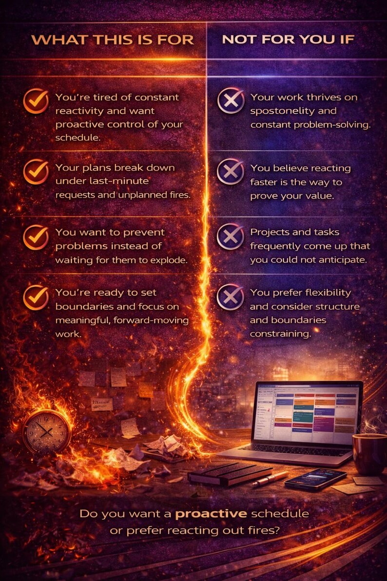 May include: An image with text detailing the benefits of a proactive schedule versus a reactive one, set against a fiery backdrop. Includes a laptop, clock, and phone, with the headings "WHAT THIS IS FOR" and "NOT FOR YOU IF".