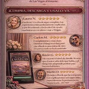 Puede incluir: Imagen promocional de un eBook sobre la jerga de Las Vegas. La imagen presenta una tableta que muestra la portada del libro, rese&ntilde;as de clientes y un llamado a la acci&oacute;n. La combinaci&oacute;n de colores es una mezcla de morado, dorado y marr&oacute;n.