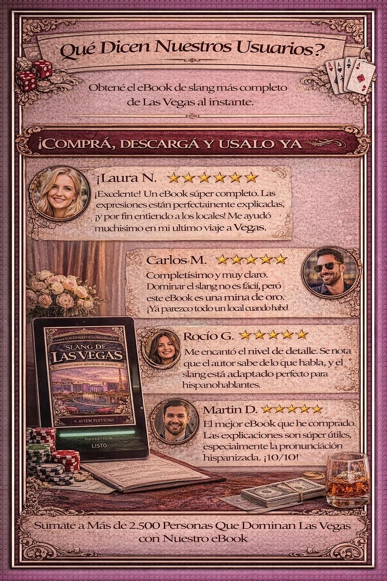 Puede incluir: Imagen promocional de un eBook sobre la jerga de Las Vegas. La imagen presenta una tableta que muestra la portada del libro, rese&ntilde;as de clientes y un llamado a la acci&oacute;n. La combinaci&oacute;n de colores es una mezcla de morado, dorado y marr&oacute;n.
