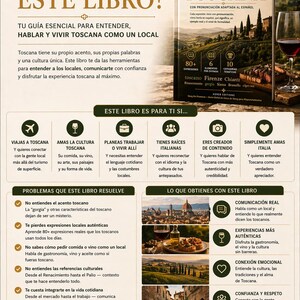 May include: A book cover titled "Slang de Toscana" with the subtitle "Con pronunciaci&oacute;n adaptada al espa&ntilde;ol." The cover features a Tuscan landscape, a glass of wine, and text in Spanish. The book promises to help readers understand and speak like a local.