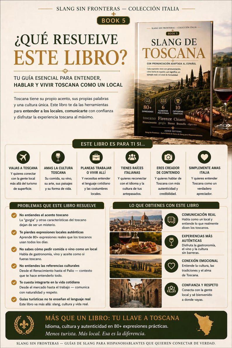 May include: A book cover titled "Slang de Toscana" with the subtitle "Con pronunciaci&oacute;n adaptada al espa&ntilde;ol." The cover features a Tuscan landscape, a glass of wine, and text in Spanish. The book promises to help readers understand and speak like a local.