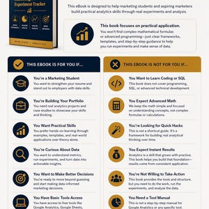 May include: A book titled "Analytics in Action: Marketing Students' Experiment Tracker" with a dark blue cover. The book is part of the Digital Marketing Student Series. The image also includes text about who the ebook is for and not for.