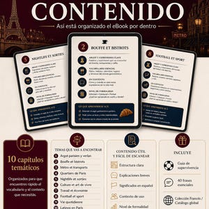 Puede incluir: Anuncio de un libro electr&oacute;nico en franc&eacute;s, con un fondo burdeos oscuro y texto blanco y dorado. La imagen muestra el contenido del libro electr&oacute;nico, incluidos cap&iacute;tulos sobre argot parisino, bistr&oacute;s, vida nocturna y deportes. Tambi&eacute;n destaca caracter&iacute;sticas clave como vocabulario, contexto y una gu&iacute;a de supervivencia.