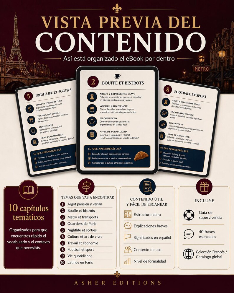 Puede incluir: Anuncio de un libro electr&oacute;nico en franc&eacute;s, con un fondo burdeos oscuro y texto blanco y dorado. La imagen muestra el contenido del libro electr&oacute;nico, incluidos cap&iacute;tulos sobre argot parisino, bistr&oacute;s, vida nocturna y deportes. Tambi&eacute;n destaca caracter&iacute;sticas clave como vocabulario, contexto y una gu&iacute;a de supervivencia.