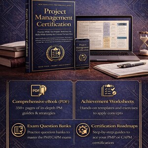 May include: Image promoting project management certification. Features a book, smartphone, and laptop displaying certification content. Includes "What You'll Receive" section with eBook, worksheets, exam banks, and roadmaps. The book is titled "Project Management Certification".
