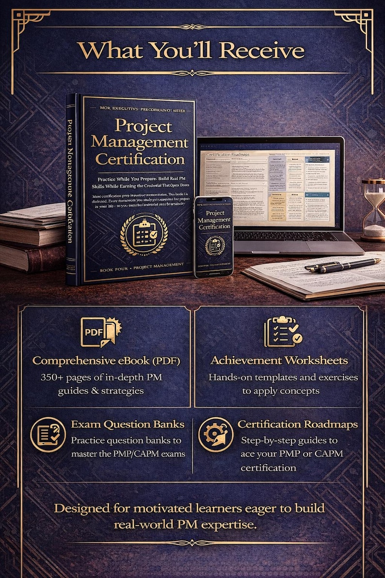 May include: Image promoting project management certification. Features a book, smartphone, and laptop displaying certification content. Includes "What You'll Receive" section with eBook, worksheets, exam banks, and roadmaps. The book is titled "Project Management Certification".