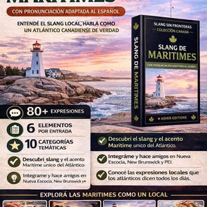 May include: A book cover in Spanish, "Slang de Maritimes", with a lighthouse illustration. It promotes learning local slang from the Canadian Maritimes, featuring over 80 expressions and 10 thematic categories. The book is part of the "Slang Sin Fronteras" collection.