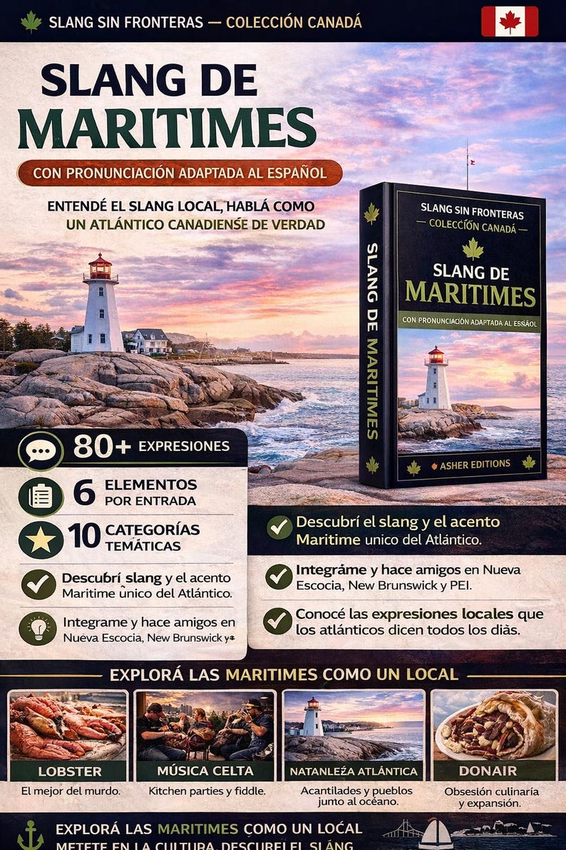 May include: A book cover in Spanish, "Slang de Maritimes", with a lighthouse illustration. It promotes learning local slang from the Canadian Maritimes, featuring over 80 expressions and 10 thematic categories. The book is part of the "Slang Sin Fronteras" collection.