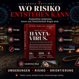 May include: A dark graphic with the text "WO RISIKO ENTSTEHEN KANN" and "HANTA-VIRUS." A red book is in the center, surrounded by icons of potential risk areas. The image has a medical and scientific theme.