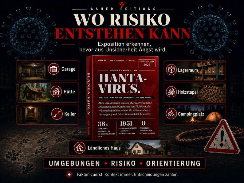 May include: A dark graphic with the text "WO RISIKO ENTSTEHEN KANN" and "HANTA-VIRUS." A red book is in the center, surrounded by icons of potential risk areas. The image has a medical and scientific theme.