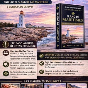 May include: An ebook cover in Spanish, part of the "Slang Sin Fronteras" collection, titled "Slang de Maritimes". The cover shows a lighthouse and text in Spanish, aiming to help readers understand Canadian Maritime slang and culture.