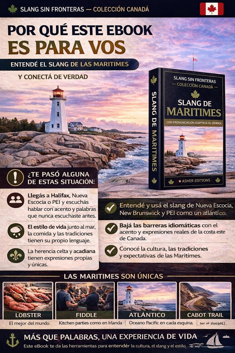 May include: An ebook cover in Spanish, part of the "Slang Sin Fronteras" collection, titled "Slang de Maritimes". The cover shows a lighthouse and text in Spanish, aiming to help readers understand Canadian Maritime slang and culture.