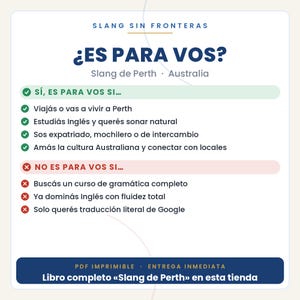 Puede incluir: Un gr&aacute;fico informativo blanco con texto azul y negro titulado Slang Sin Fronteras, que presenta una lista de criterios para una gu&iacute;a de jerga de Perth, Australia. Incluye marcas de verificaci&oacute;n verdes para indicadores positivos y equis rojas.