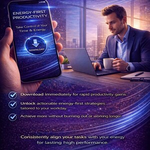 May include: Digital advertisement with the text "INSTANT DOWNLOAD" and "Take Control of Your Time & Energy." A smartphone displays "ENERGY-FIRST PRODUCTIVITY" and a download button. A man works on a laptop. The ad promises rapid productivity gains.