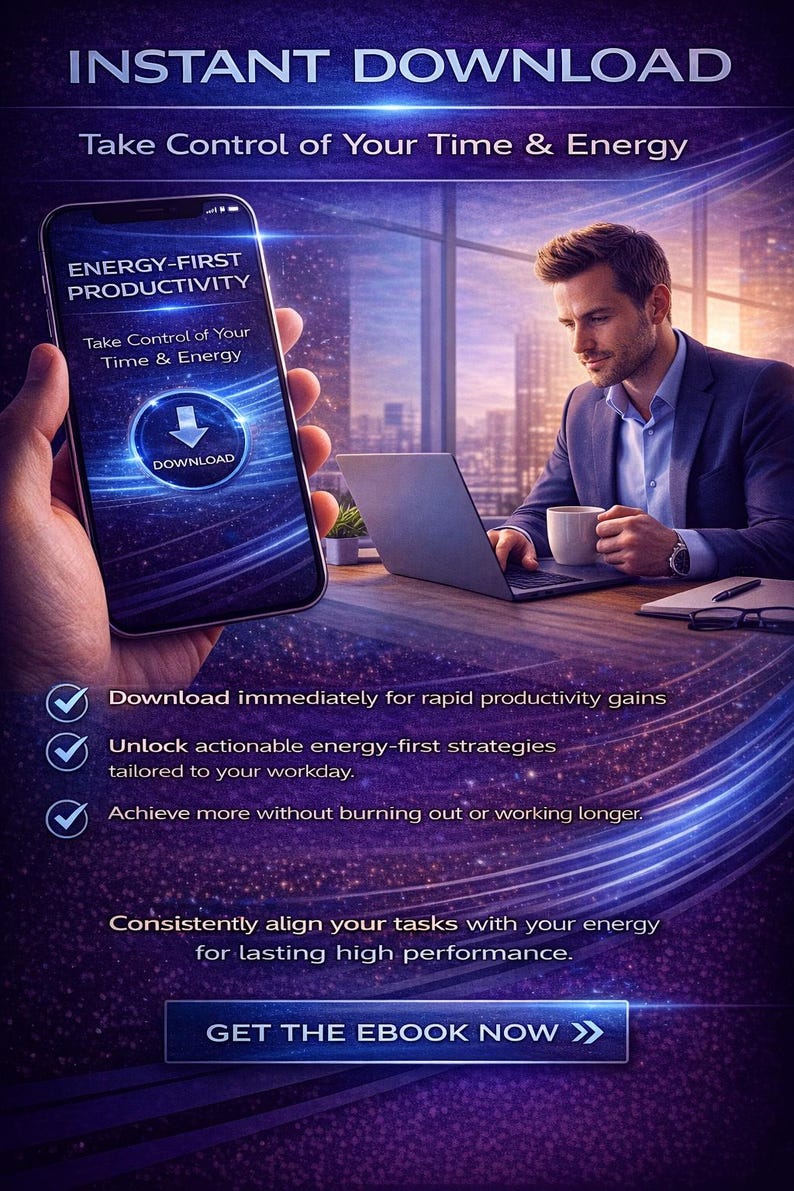 May include: Digital advertisement with the text "INSTANT DOWNLOAD" and "Take Control of Your Time & Energy." A smartphone displays "ENERGY-FIRST PRODUCTIVITY" and a download button. A man works on a laptop. The ad promises rapid productivity gains.