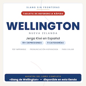 K&ouml;nnte beinhalten: Eine wei&szlig;e digitale Referenzkarte mit dem Titel SLANG SIN FRONTERAS, dem Text WELLINGTON NUEVA ZELANDA und Jerga Kiwi en Espa&ntilde;ol. Sie enth&auml;lt Beschriftungen f&uuml;r 19+ EXPRESIONES und 9 CATEGOR&Iacute;AS sowie Hinweise zu PDF, Aussprache und Reisen.