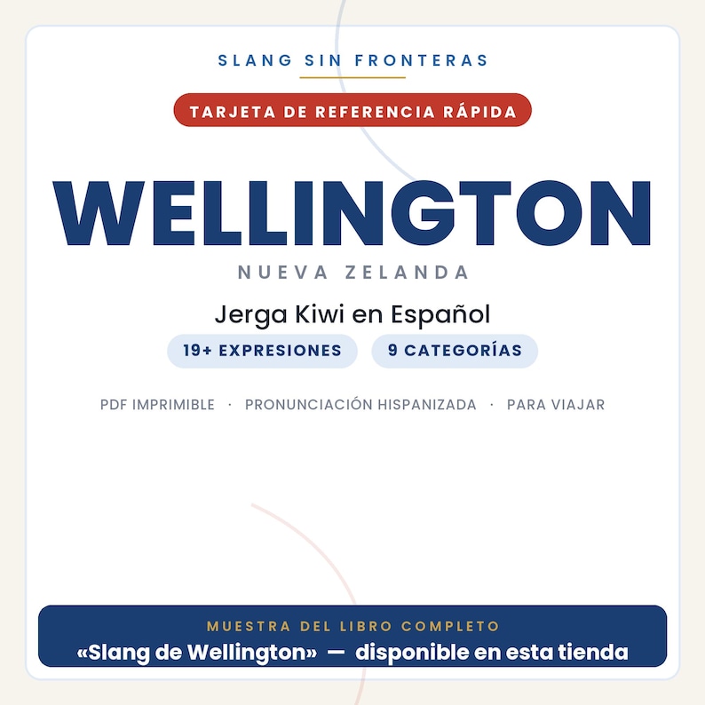 K&ouml;nnte beinhalten: Eine wei&szlig;e digitale Referenzkarte mit dem Titel SLANG SIN FRONTERAS, dem Text WELLINGTON NUEVA ZELANDA und Jerga Kiwi en Espa&ntilde;ol. Sie enth&auml;lt Beschriftungen f&uuml;r 19+ EXPRESIONES und 9 CATEGOR&Iacute;AS sowie Hinweise zu PDF, Aussprache und Reisen.