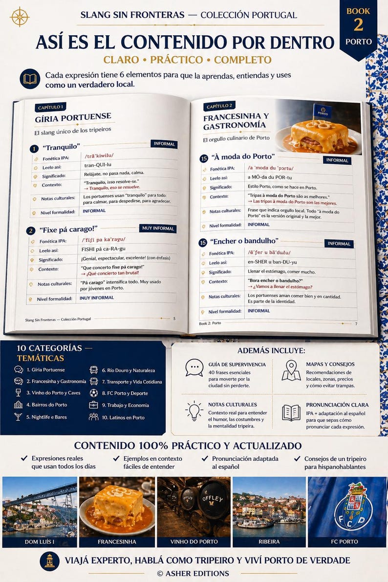 May include: A Portuguese language learning book titled "Slang Sin Fronteras" with the subtitle "As&iacute; es el contenido por dentro Porto." The cover features a blue and white design with text and images related to Porto, Portugal.