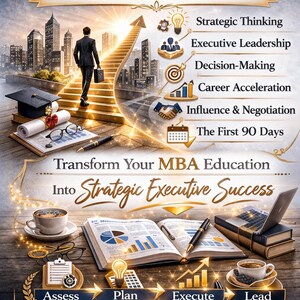 May include: An infographic promoting leadership development. The image features a person walking up stairs toward a city skyline, with text including "Executive," "Strategic Thinking," and "Take the Next Step." Other elements include a laptop, books, and coffee.