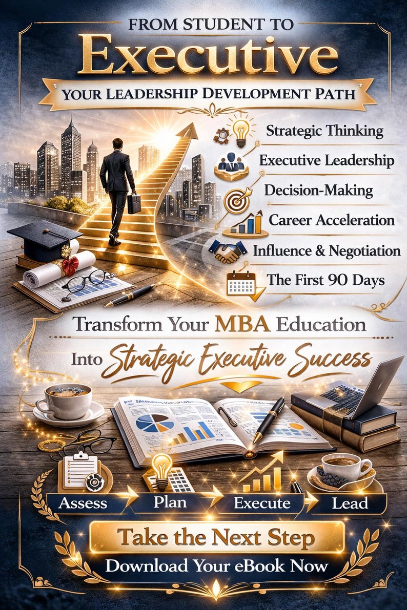 May include: An infographic promoting leadership development. The image features a person walking up stairs toward a city skyline, with text including "Executive," "Strategic Thinking," and "Take the Next Step." Other elements include a laptop, books, and coffee.