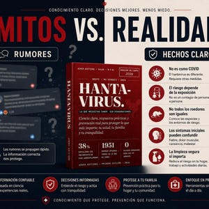 Puede incluir: Un gr&aacute;fico que compara mitos vs. realidad sobre el Hantavirus. La imagen presenta un libro titulado "Hantavirus" e incluye texto sobre rumores, hechos y prevenci&oacute;n. La combinaci&oacute;n de colores es principalmente rojo, blanco y negro.