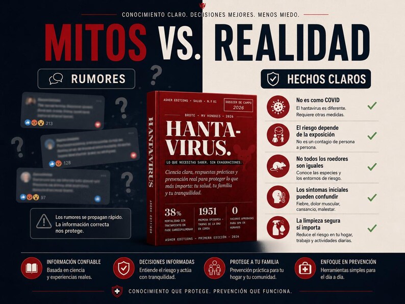 Puede incluir: Un gr&aacute;fico que compara mitos vs. realidad sobre el Hantavirus. La imagen presenta un libro titulado "Hantavirus" e incluye texto sobre rumores, hechos y prevenci&oacute;n. La combinaci&oacute;n de colores es principalmente rojo, blanco y negro.