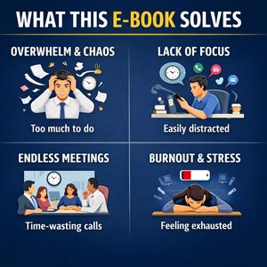Puede incluir: Una infograf&iacute;a titulada "WHAT THIS E-BOOK SOLVES" que muestra cuatro problemas y sus soluciones. Los paneles ilustran la sobrecarga, la falta de concentraci&oacute;n, las reuniones interminables y el agotamiento. Cada panel tiene una imagen y una breve descripci&oacute;n.