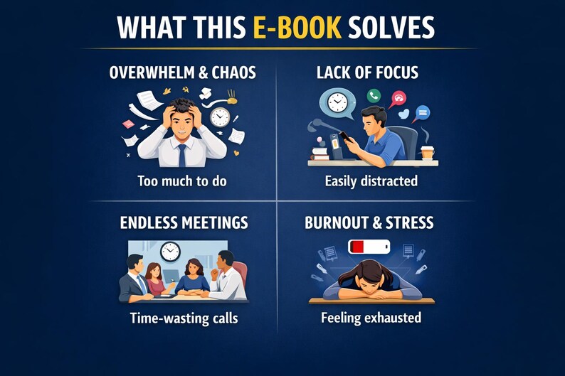 Puede incluir: Una infograf&iacute;a titulada "WHAT THIS E-BOOK SOLVES" que muestra cuatro problemas y sus soluciones. Los paneles ilustran la sobrecarga, la falta de concentraci&oacute;n, las reuniones interminables y el agotamiento. Cada panel tiene una imagen y una breve descripci&oacute;n.